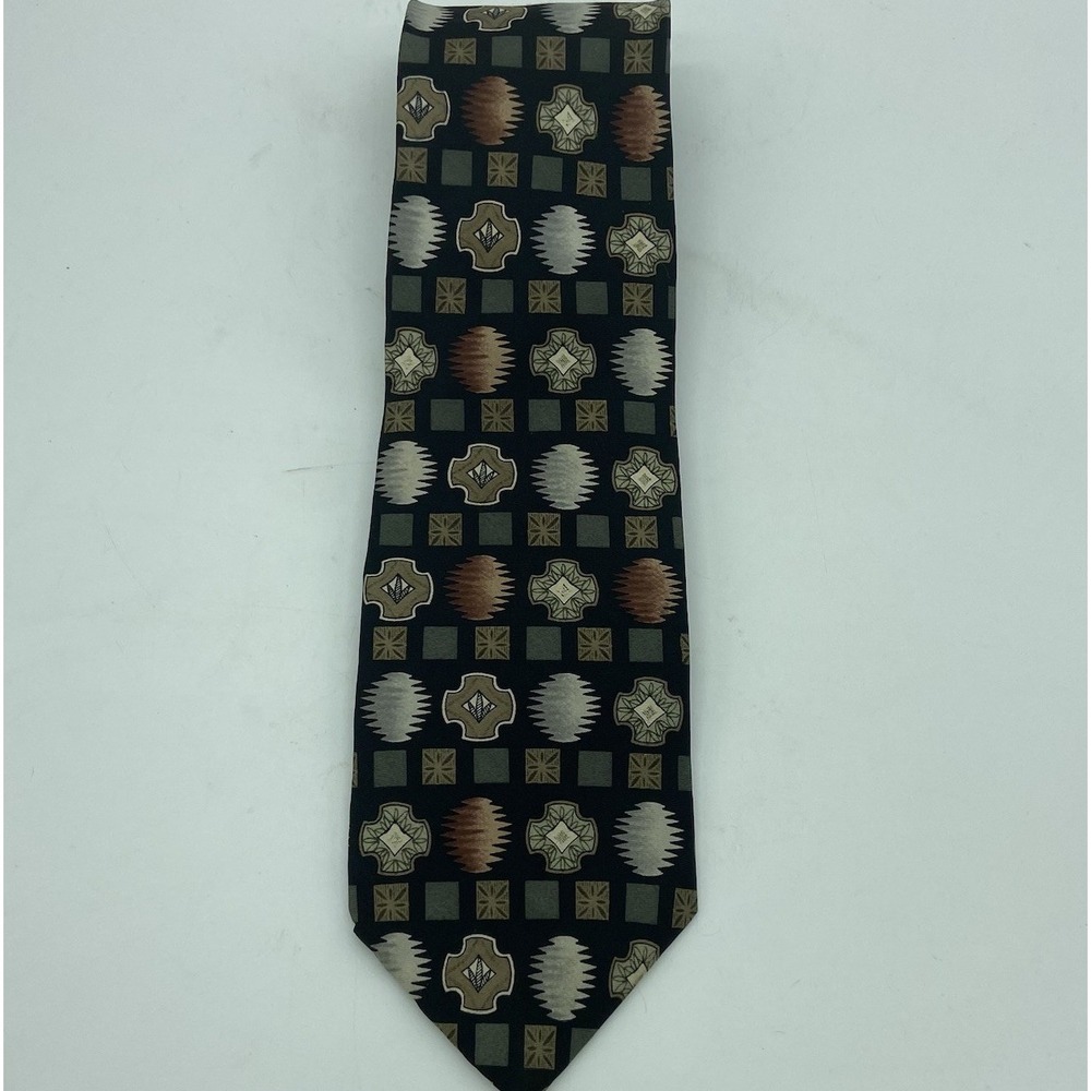 Mark Alexander 100% Silk Necktie Tie 3.5" X 58" Black With Sage And Tan‎